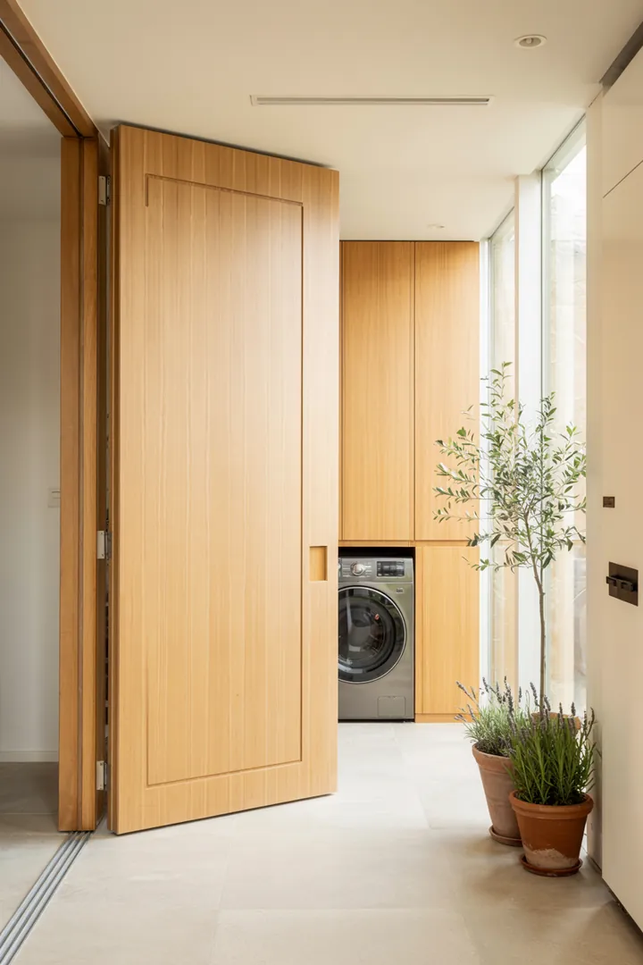 Ein stilvoller Flur, in dem ein Haushaltsgerät geschickt in einem modernen Schrank verborgen ist, optimal für die platzsparende Nutzung. Ideal, um eine Waschmaschine im Flur zu verstecken.