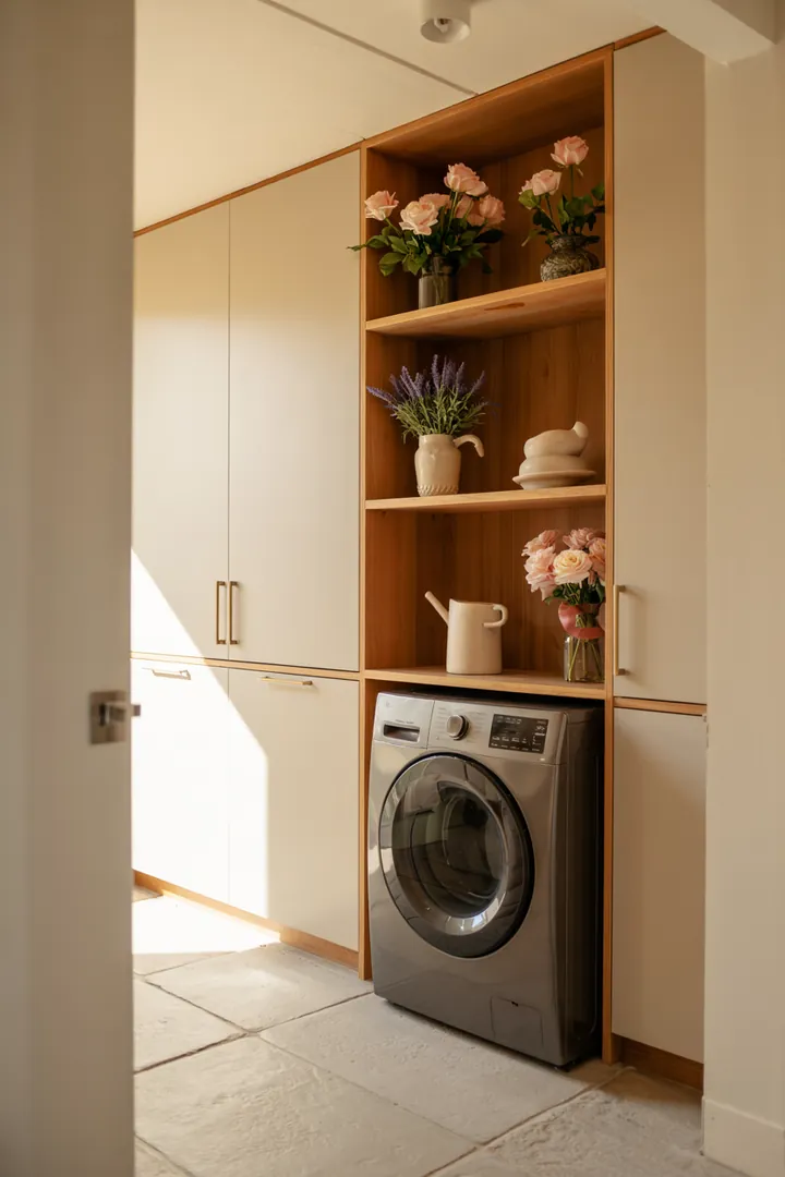 Ein stilvoller Flur mit clever integriertem Haushaltsgerät, das unauffällig für Ordnung sorgt und den Raum optimal nutzt. Ideal zum Verstecken einer Waschmaschine.
