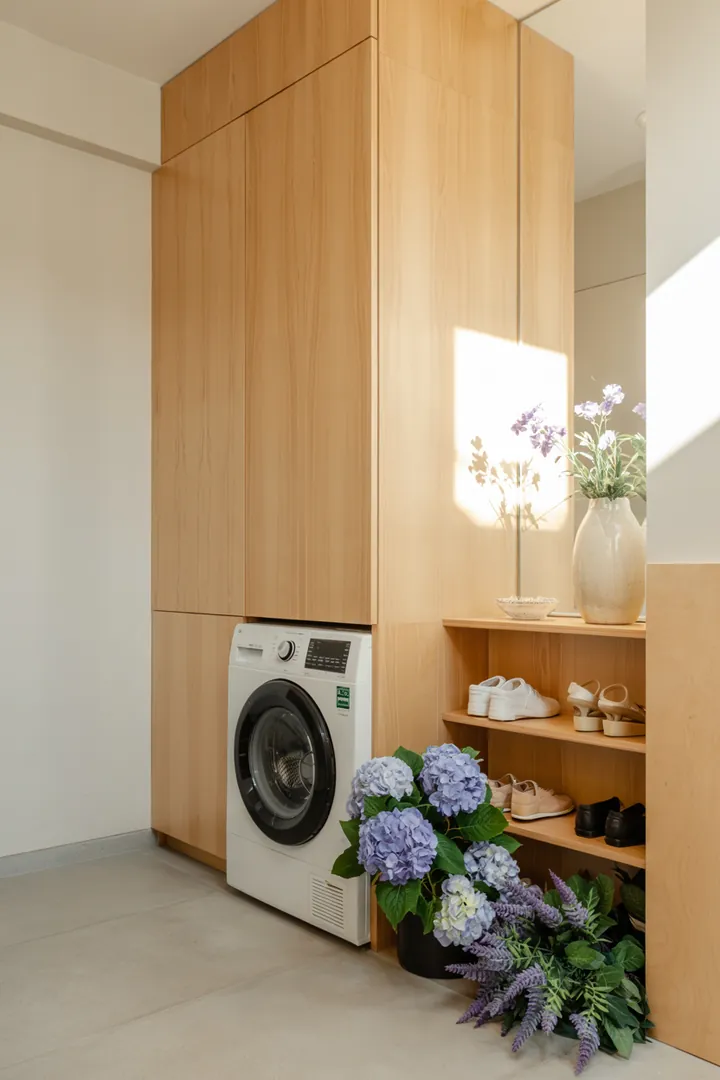 Ein stilvoll gestalteter Flur mit clever integriertem Haushaltsgerät, das die Funktionalität erhöht und den Raum aufgeräumt wirken lässt. Ideal, um eine Waschmaschine im Flur diskret zu verstecken.