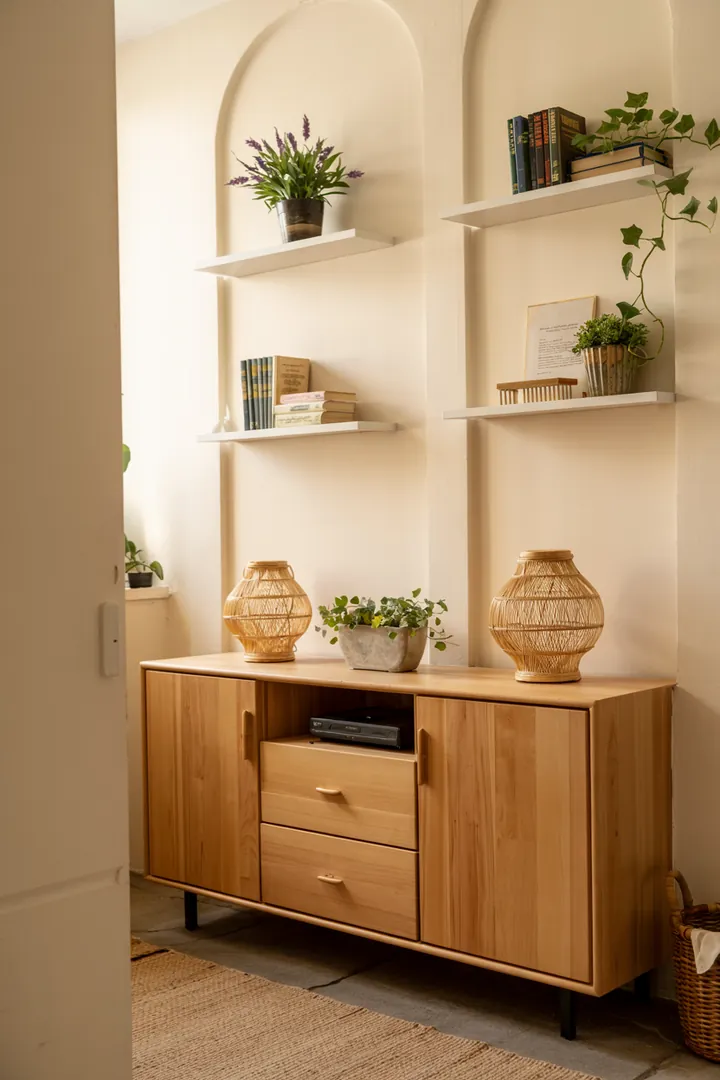 Ein stilvoller Flur mit einer clever integrierten Waschmaschine, die Platz spart und das Gesamtbild harmonisch ergänzt.