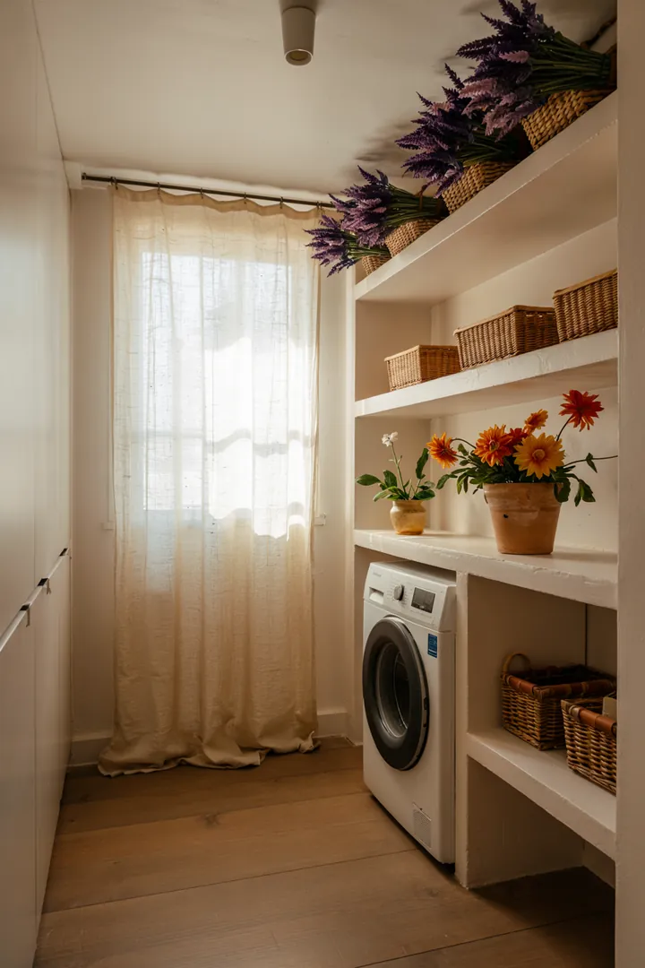 Ein stilvoller Flur mit clever integriertem Haushaltsgerät, das Platz spart und Ordnung schafft, ideal für die unauffällige Unterbringung einer Waschmaschine.