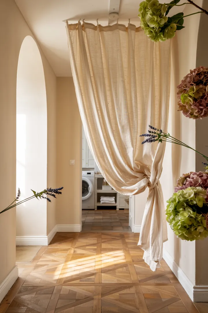 Ein stilvoller Flur mit cleverem Stauraum, der eine unauffällige Waschmaschine integriert, harmonisch in das Gesamtbild eingepasst.