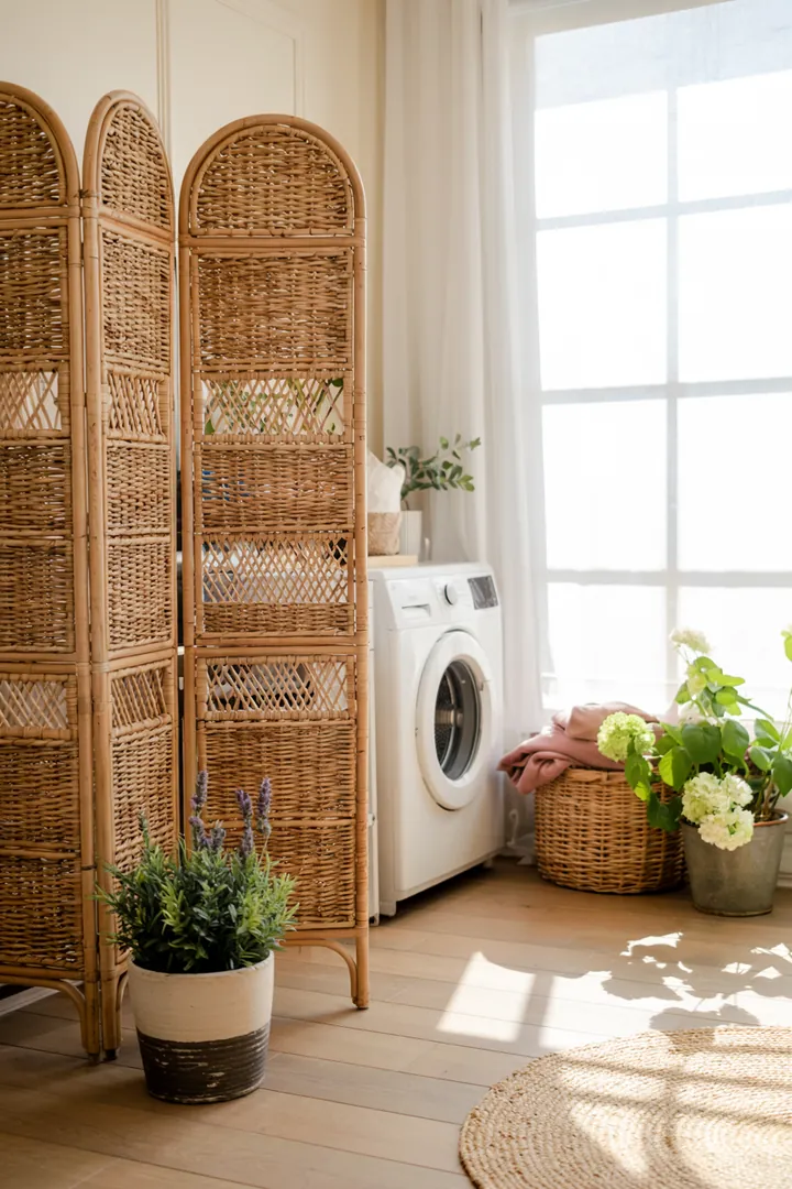 Ein stilvoll gestalteter Flur mit clever integriertem Haushaltsgerät, das diskret im Raum versteckt ist, um Ordnung und Ästhetik zu fördern. Ideal für den Einsatz einer Waschmaschine.
