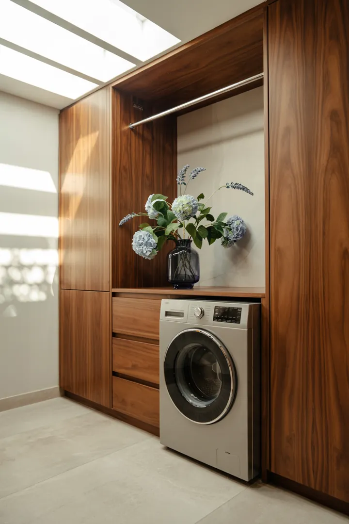 Ein stilvoll gestalteter Flur mit clever integriertem Waschmaschinenbereich, der Ordnung und Funktionalität harmonisch vereint.