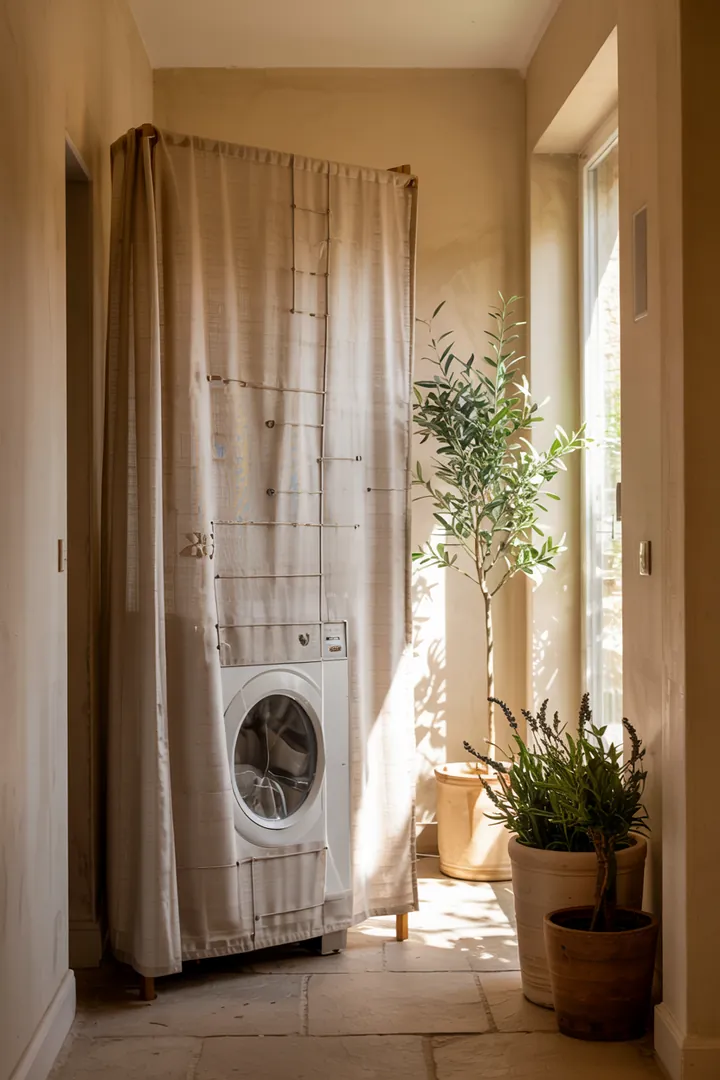 Ein stilvoll gestalteter Flur mit einer clever integrierten Waschmaschine, die den Raum aufgeräumt und funktional erscheinen lässt. Ideal für kleine Wohnungen.