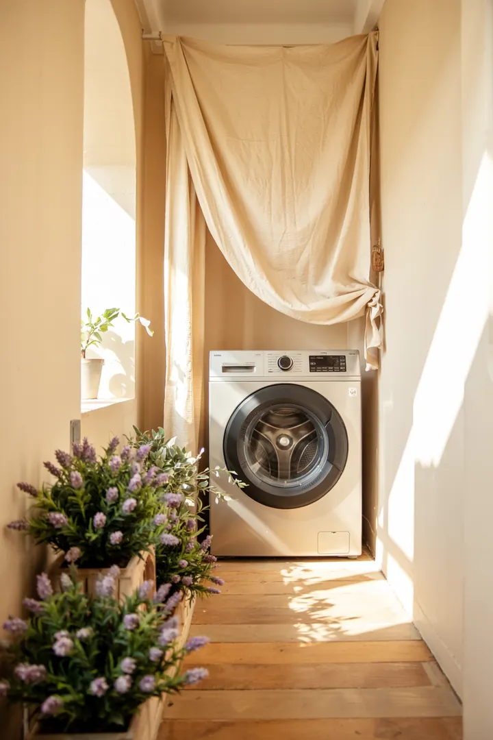 Ein stilvoll eingerichteter Flur mit einem cleveren Platz für Haushaltsgeräte, ideal um eine Waschmaschine unauffällig zu integrieren.