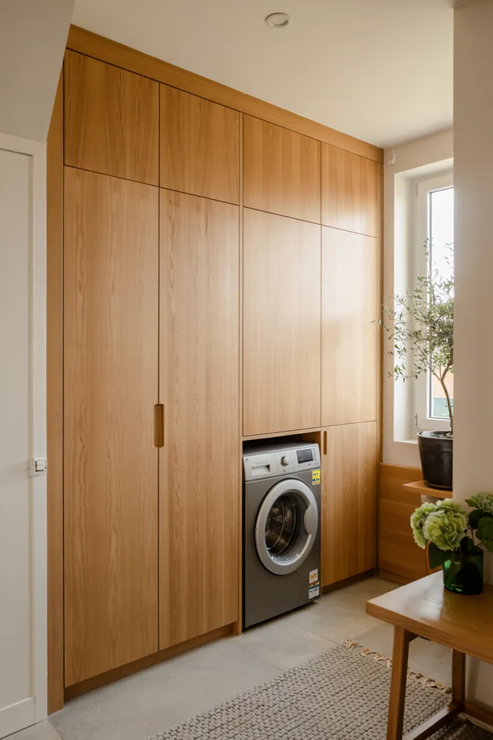 Ein stilvoll gestalteter Flur mit cleverer Stauraumlösung, in dem eine moderne Waschmaschine dezent integriert ist, um Platz zu sparen.