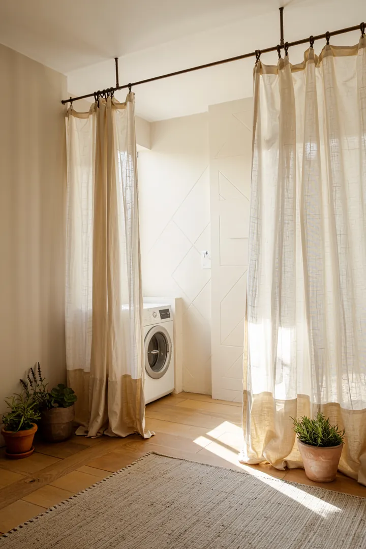 Ein stilvoller Flur mit einer clever integrierten Waschmaschine, die geschickt im Möbeldesign verborgen ist und den Raum aufgeräumt wirken lässt.