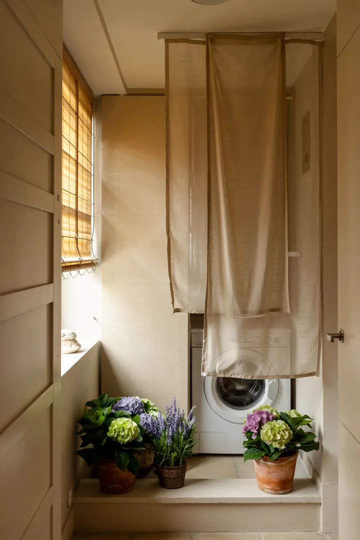 Ein stilvoller Flur mit clever integriertem Haushaltsgerät, das diskret verstaut ist, bietet Ordnung und Funktionalität im Wohnraum. Ideal für platzsparende Lösungen.