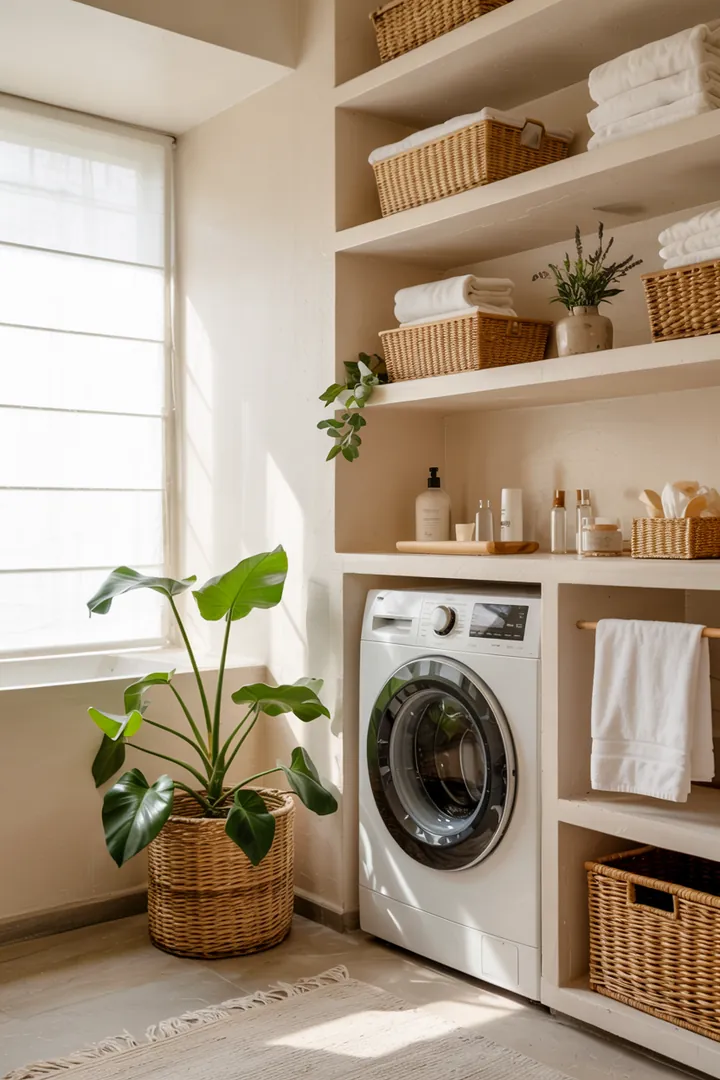 Ein stilvolles Regal mit dekorativen Körben und ansprechenden Fronten, das geschickt eine Haushaltsmaschine verdeckt und für Ordnung sorgt. Ideal, um eine Waschmaschine im Regal kaschieren.