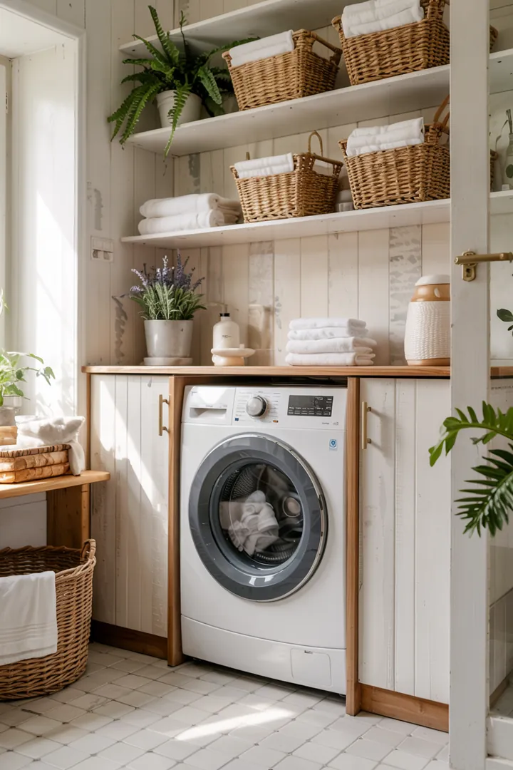 Ein stilvolles Regal mit dekorativen Körben, das geschickt eine Waschmaschine verbirgt und für Ordnung und Ästhetik im Raum sorgt. Ideal für platzsparende Lösungen.