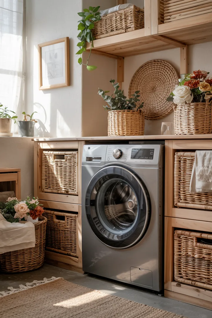 Ein stilvolles Regal, das geschickt eine Waschmaschine verdeckt, dekoriert mit hübschen Körben und modernen Fronten, die für Ordnung und Ästhetik sorgen.