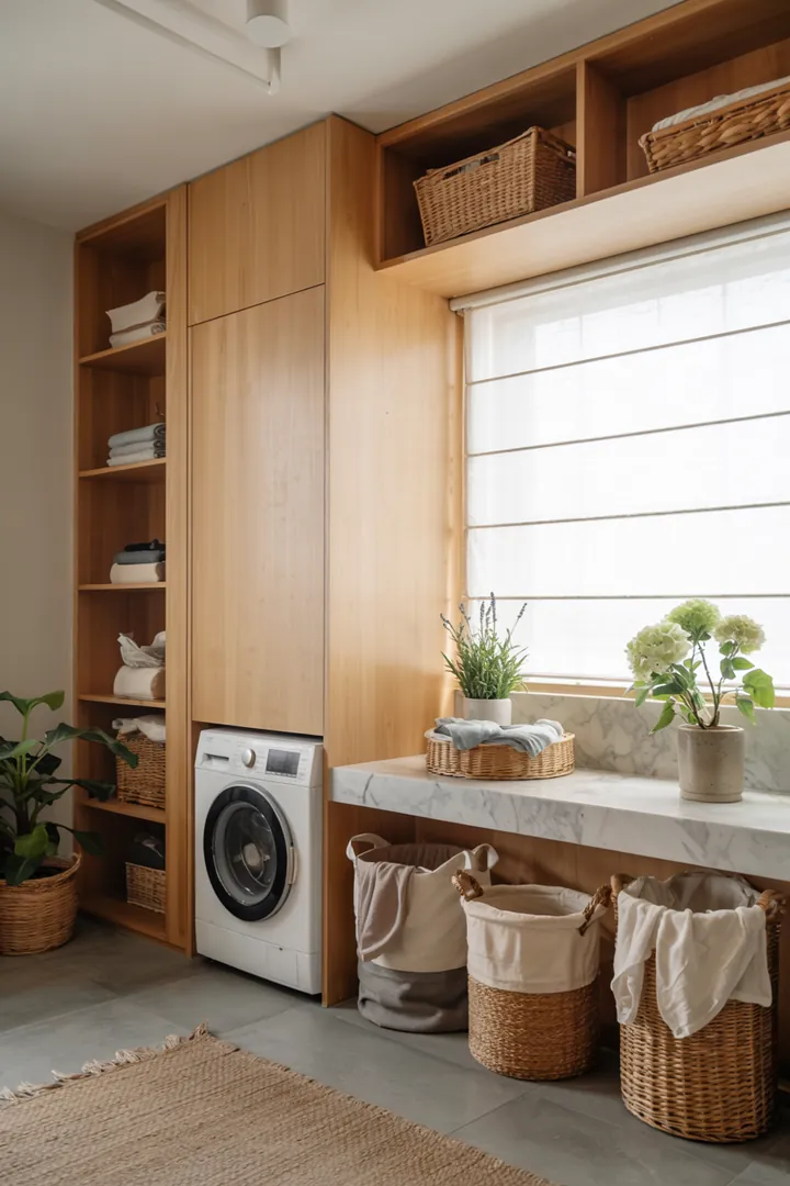 Ein stilvolles Regal, das geschickt eine Waschmaschine verbirgt, ergänzt mit dekorativen Körben und eleganten Fronten für ein aufgeräumtes Raumkonzept.