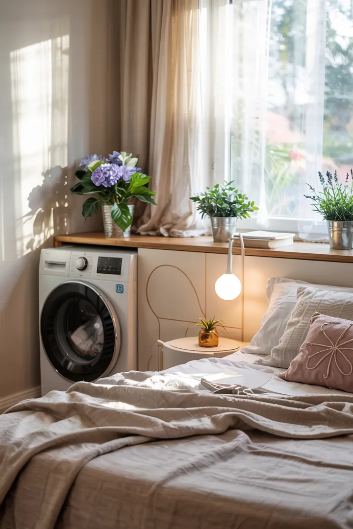 Ein stilvoll eingerichtetes Schlafzimmer, in dem eine Waschmaschine geschickt in einem Schrank verborgen ist, sorgt für eine ruhige und harmonische Atmosphäre.