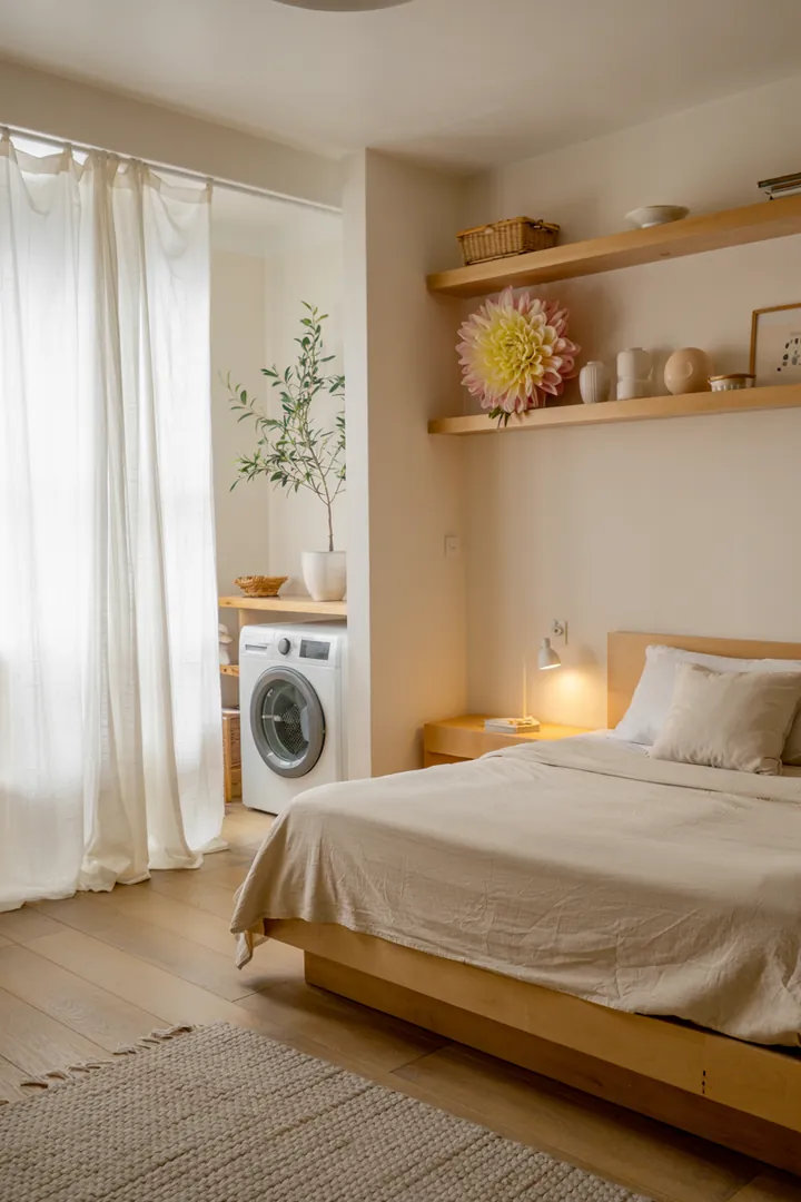 Ein geschmackvoll gestaltetes Schlafzimmer mit einer eleganten Lösung, um eine Waschmaschine optisch harmonisch zu integrieren und eine entspannte Atmosphäre zu schaffen.