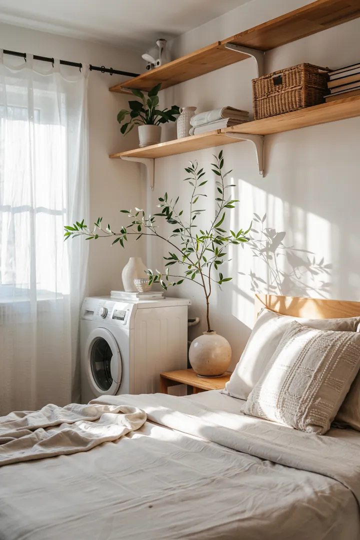 Ein stilvolles Schlafzimmer mit clever integriertem Haushaltsgerät, das den Raum optisch beruhigt und die Waschmaschine geschickt im Design versteckt.