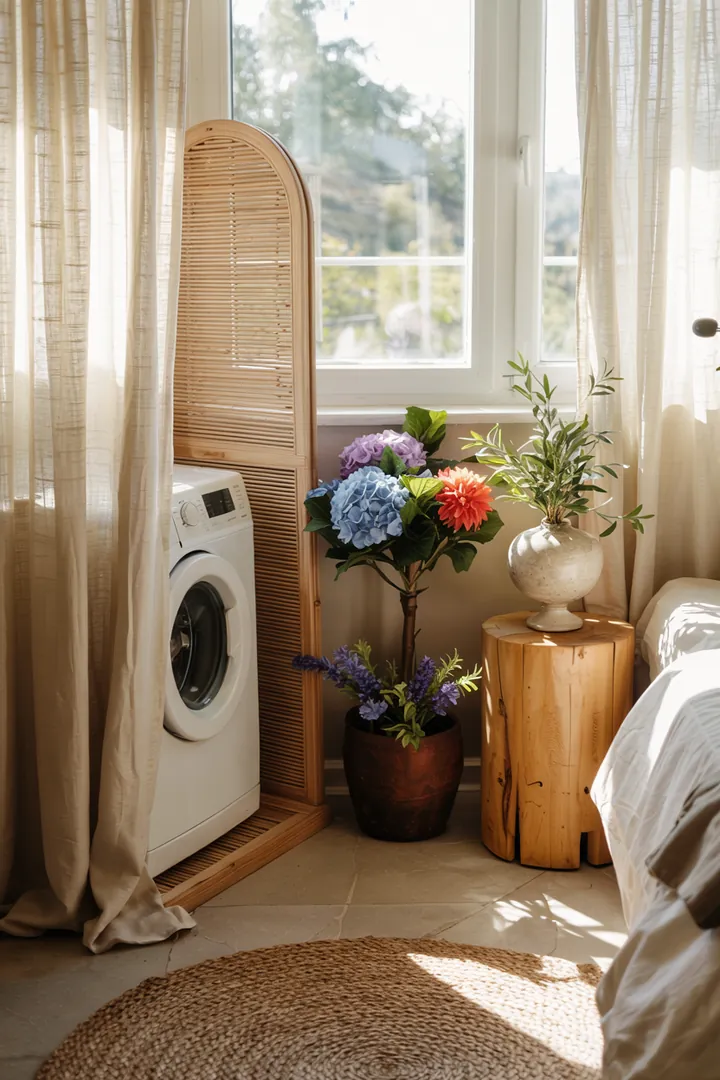 Ein stilvolles Schlafzimmer mit harmonischer Einrichtung, in dem eine Waschmaschine clever integriert ist, um eine ruhige Atmosphäre zu schaffen.