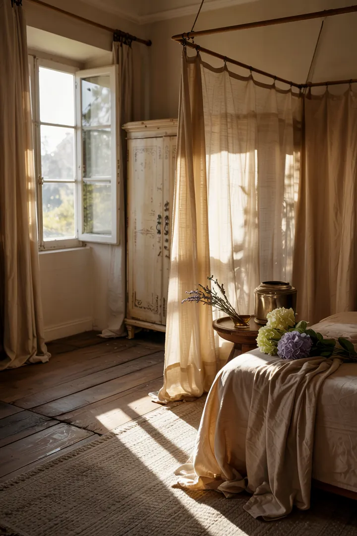 Ein stilvolles Schlafzimmer mit cleveren Lösungen, um eine Waschmaschine optisch zu integrieren und eine entspannende Atmosphäre zu schaffen.