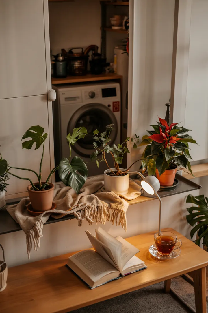 Ein stilvolles Schlafzimmer mit geschickter Integration einer Haushaltsmaschine, die durch geschmackvolle Gestaltung optisch beruhigend wirkt und unauffällig bleibt.