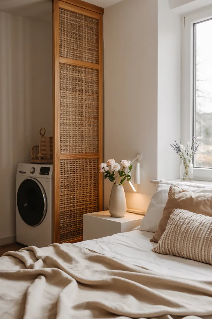 Ein stilvoll eingerichtetes Schlafzimmer mit einer geschickt versteckten Waschmaschine, die harmonisch in das Ambiente integriert ist und für visuelle Ruhe sorgt.