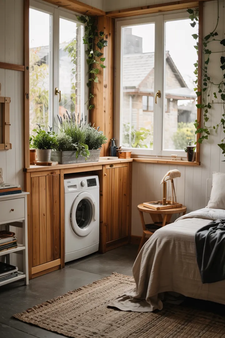 Ein harmonisch gestalteter Raum, in dem eine Haushaltsmaschine geschickt integriert ist, sorgt für ein ruhiges Ambiente im Schlafbereich.