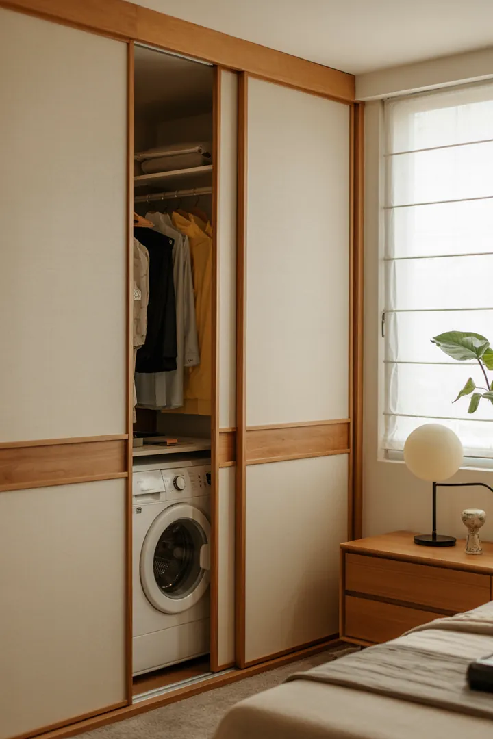 Ein stilvolles Schlafzimmer mit cleverer Integration der Haushaltsgeräte, die für eine ruhige und harmonische Atmosphäre sorgt. Ideal zum optischen Verstecken der Waschmaschine.