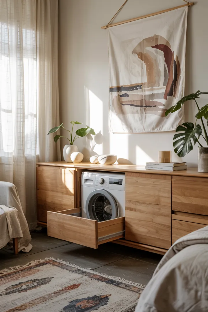 Ein stilvolles Schlafzimmer mit einer geschickt integrierten Waschmaschine, die harmonisch in die Einrichtung eingebunden ist und für eine ruhige Atmosphäre sorgt.