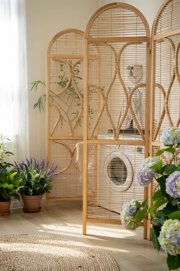 Ein stilvoll eingerichteter Raum, in dem eine moderne Haushaltsmaschine elegant integriert ist, sorgt für eine harmonische und ruhige Atmosphäre im Schlafbereich.