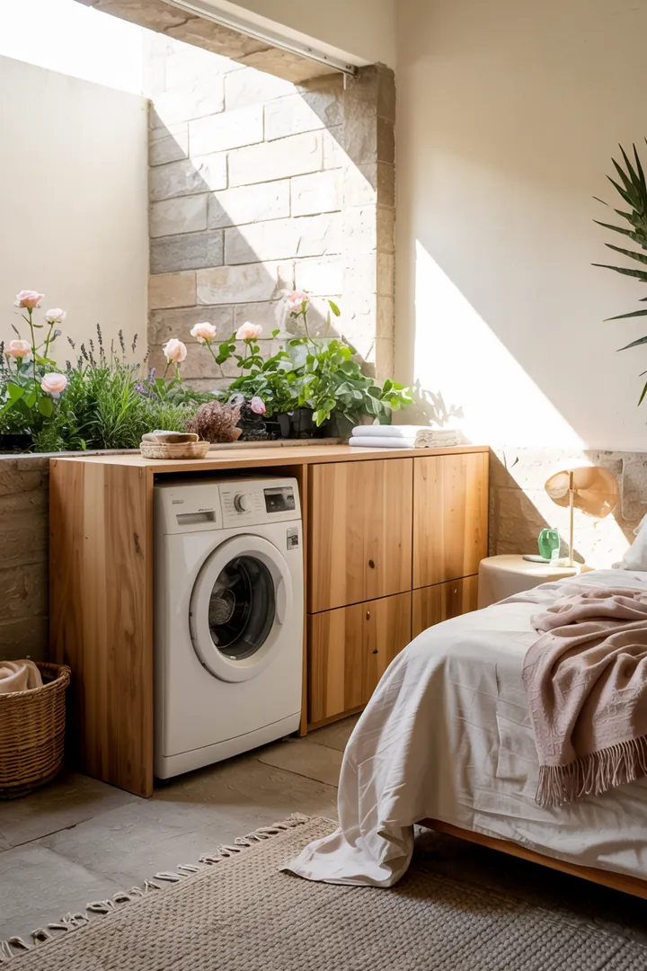 Ein stilvolles Schlafzimmer mit eleganten Möbeln, in dem eine moderne Waschmaschine geschickt integriert ist, um ein harmonisches Ambiente zu schaffen.