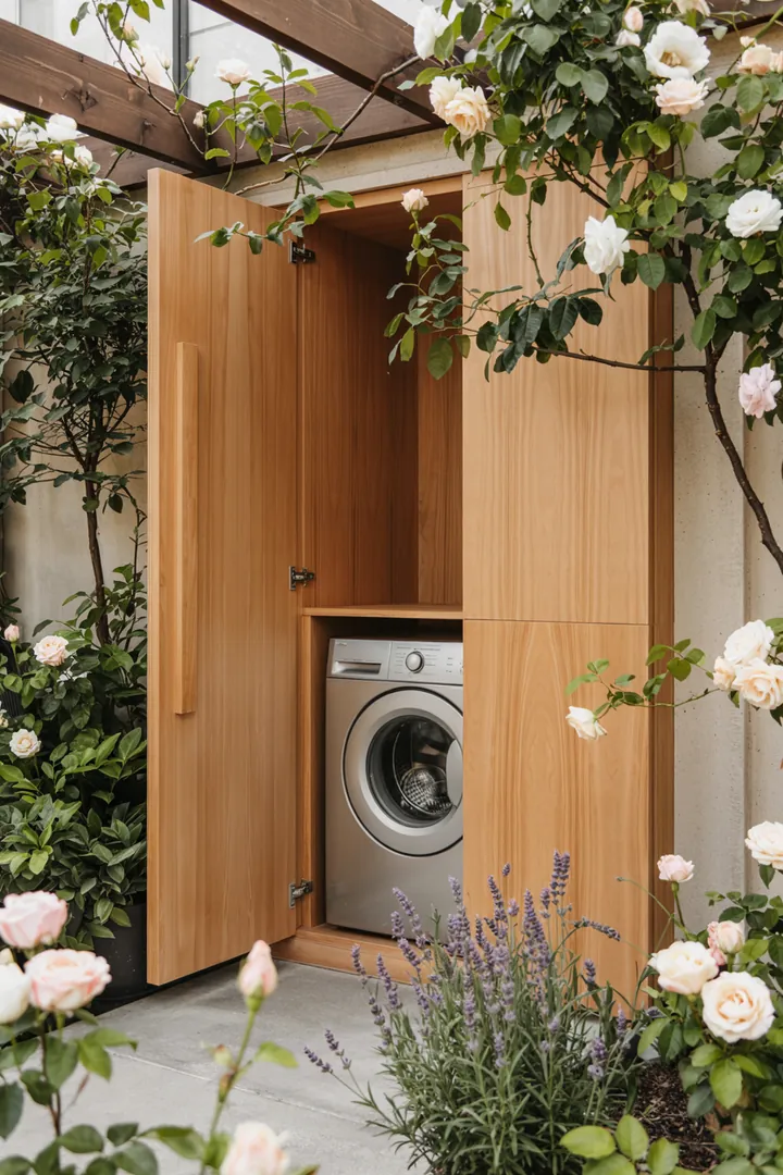 Ein moderner Einbauschrank, der geschickt eine Waschmaschine verborgen hält und gleichzeitig stilvollen Stauraum bietet. Ideal für platzsparende Lösungen in kleinen Wohnungen.