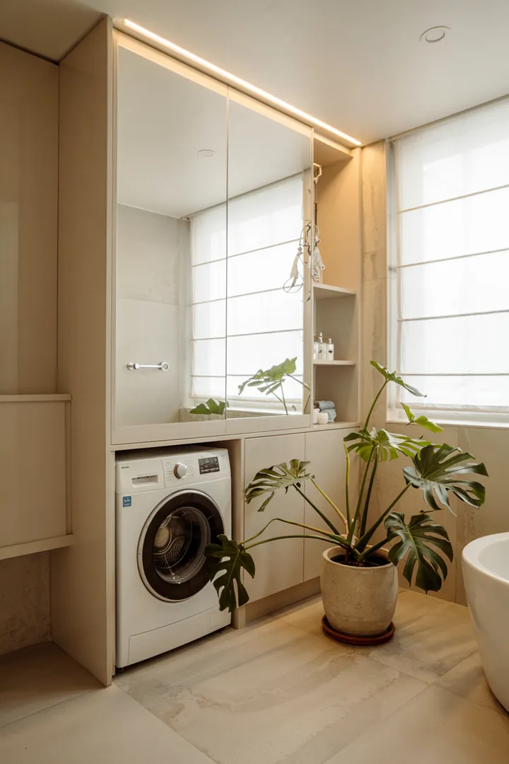 Ein eleganter Einbauschrank, der eine moderne Waschmaschine diskret integriert, bietet eine stilvolle Lösung zur Optimierung von Wohnräumen.