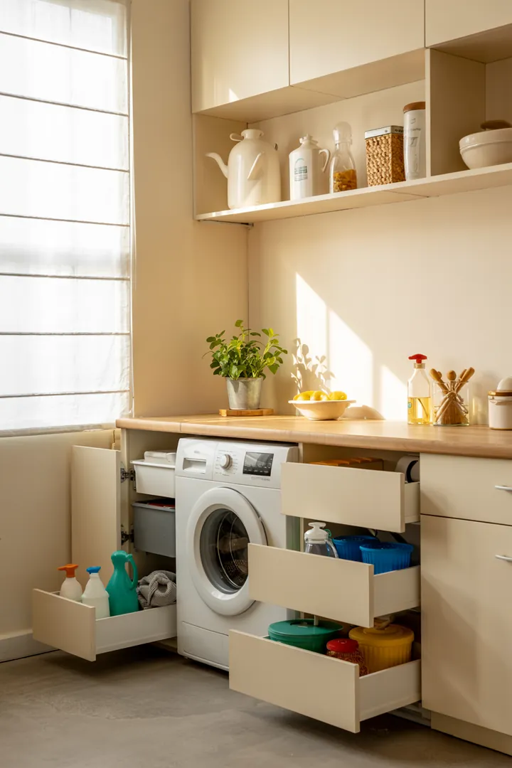 Ein stilvoller Einbauschrank, der geschickt eine Waschmaschine integriert und so für eine ordentliche und platzsparende Lösung in modernen Haushalten sorgt.