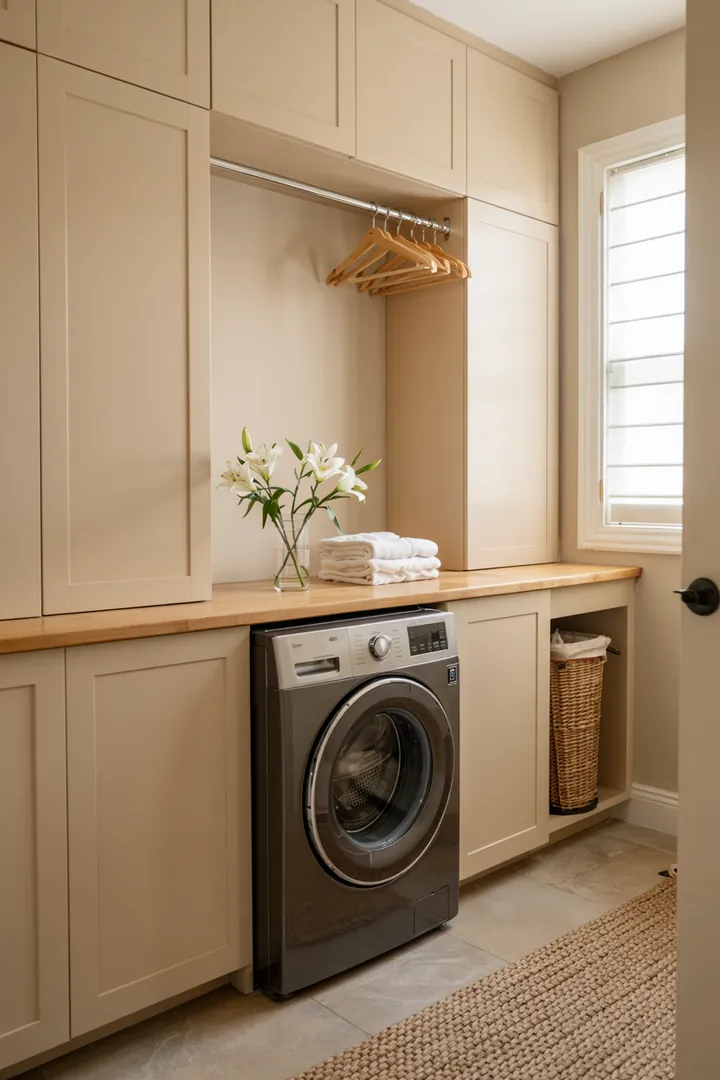 Ein moderner Einbauschrank, der geschickt eine Waschmaschine integriert, sorgt für Ordnung und Ästhetik in der Wohnung.