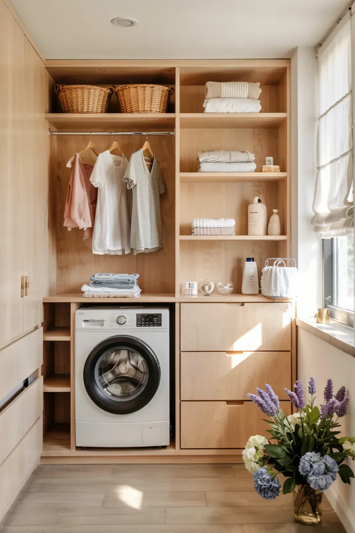 Ein stilvoller Einbauschrank, der geschickt eine Waschmaschine integriert, um Platz zu sparen und eine aufgeräumte Raumgestaltung zu ermöglichen.