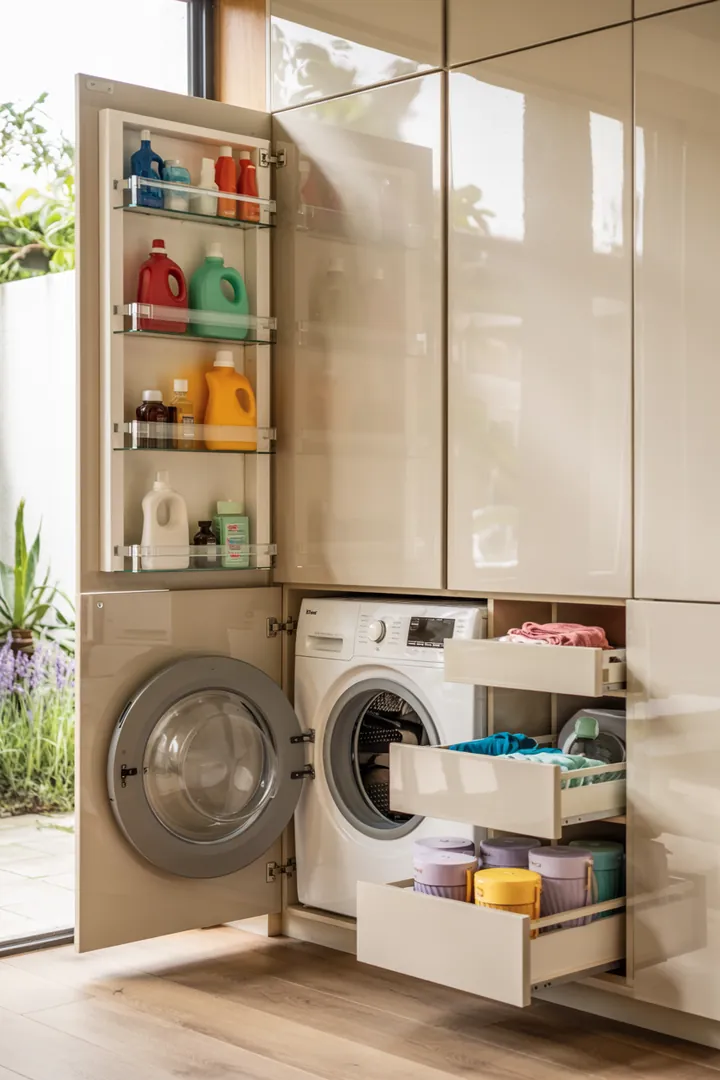 Ein eleganter Einbauschrank, der geschickt eine Waschmaschine integriert, um den Raum aufgeräumt und stilvoll zu gestalten.