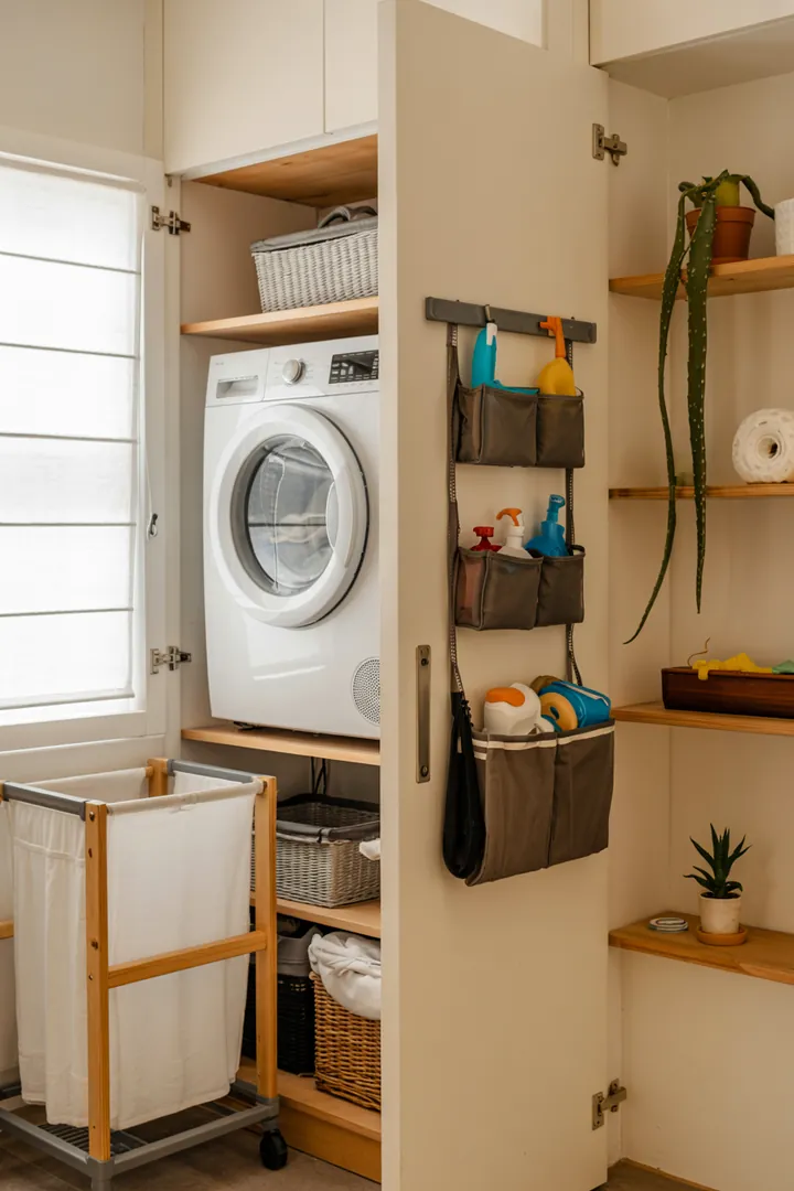 Stilvoller Einbauschrank, der eine moderne Waschmaschine geschickt integriert, um Platz zu sparen und die Raumgestaltung zu optimieren.