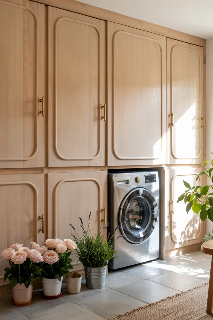 Ein moderner Einbauschrank, der eine Waschmaschine geschickt integriert, um den Raum aufgeräumt und stilvoll zu gestalten.