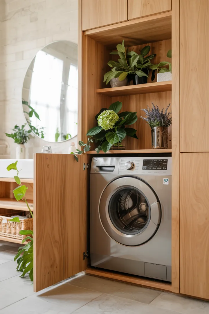 Ein stilvoller Einbauschrank mit integrierter Waschmaschine, die geschickt verborgen ist, bietet Platzersparnis und harmonisches Design für moderne Wohnräume.