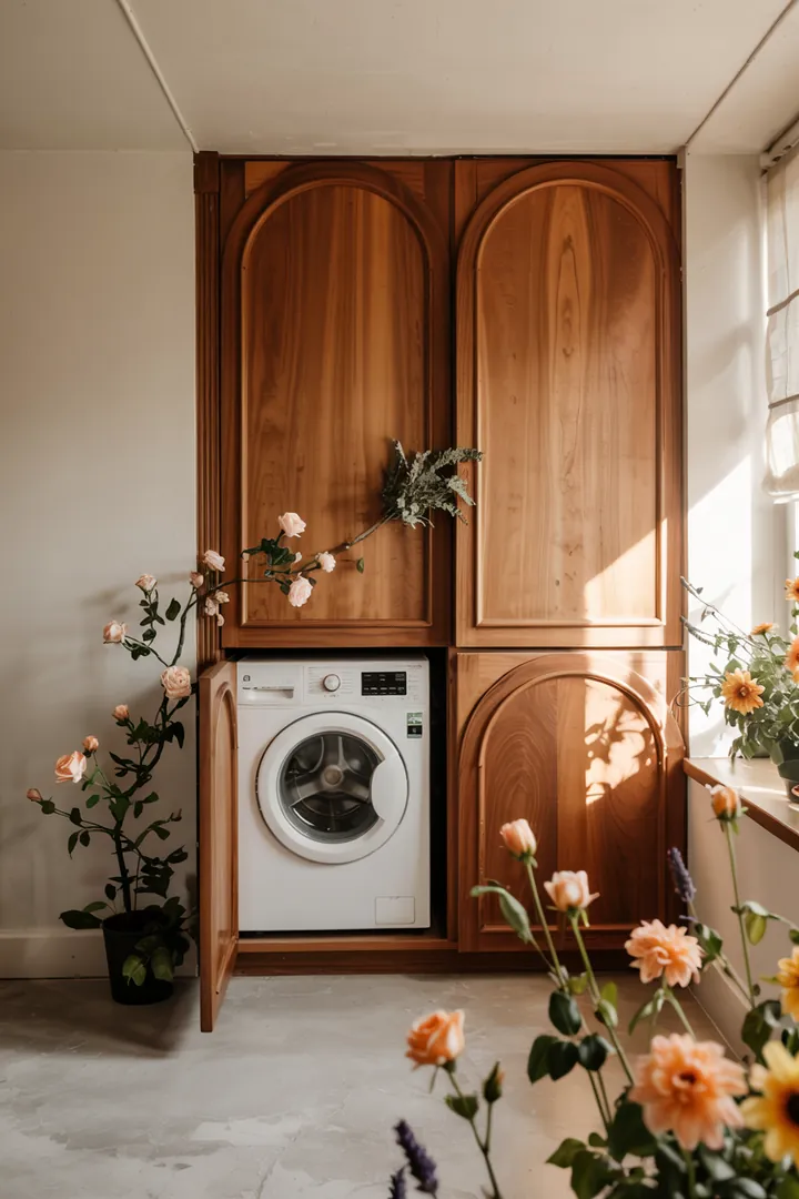 Ein stilvoller Einbauschrank mit integrierter Waschmaschine, die geschickt verborgen ist, bietet Platzersparnis und harmonisches Design für moderne Wohnräume.