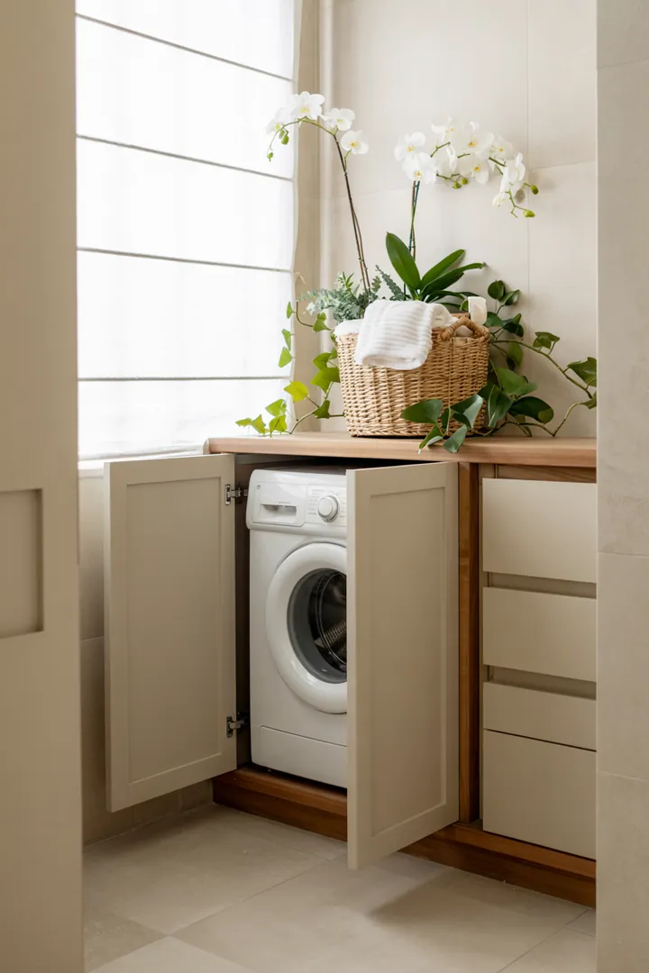 Ein stilvoller Einbauschrank, der geschickt eine moderne Waschmaschine verbirgt, harmonisch in ein elegantes Wohnambiente integriert.