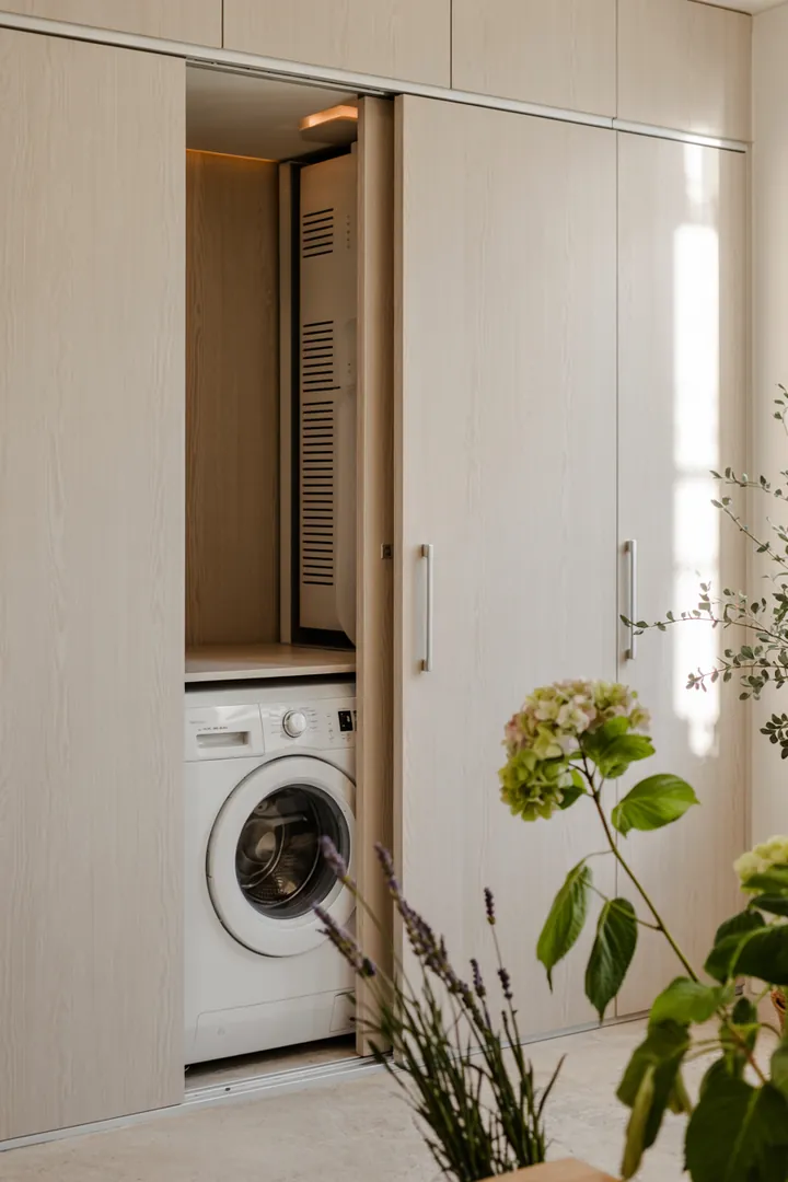 Ein eleganter, integrierter Stauraum zeigt eine praktische Lösung, um eine Waschmaschine im Schrank zu verstecken, ideal für moderne Wohnkonzepte.