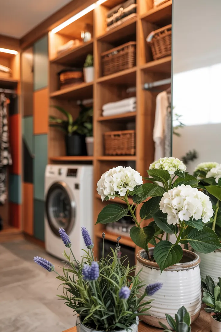 Ein stilvoller Einbauschrank, der geschickt eine Waschmaschine integriert, um Platz zu sparen und den Raum aufgeräumt wirken zu lassen.