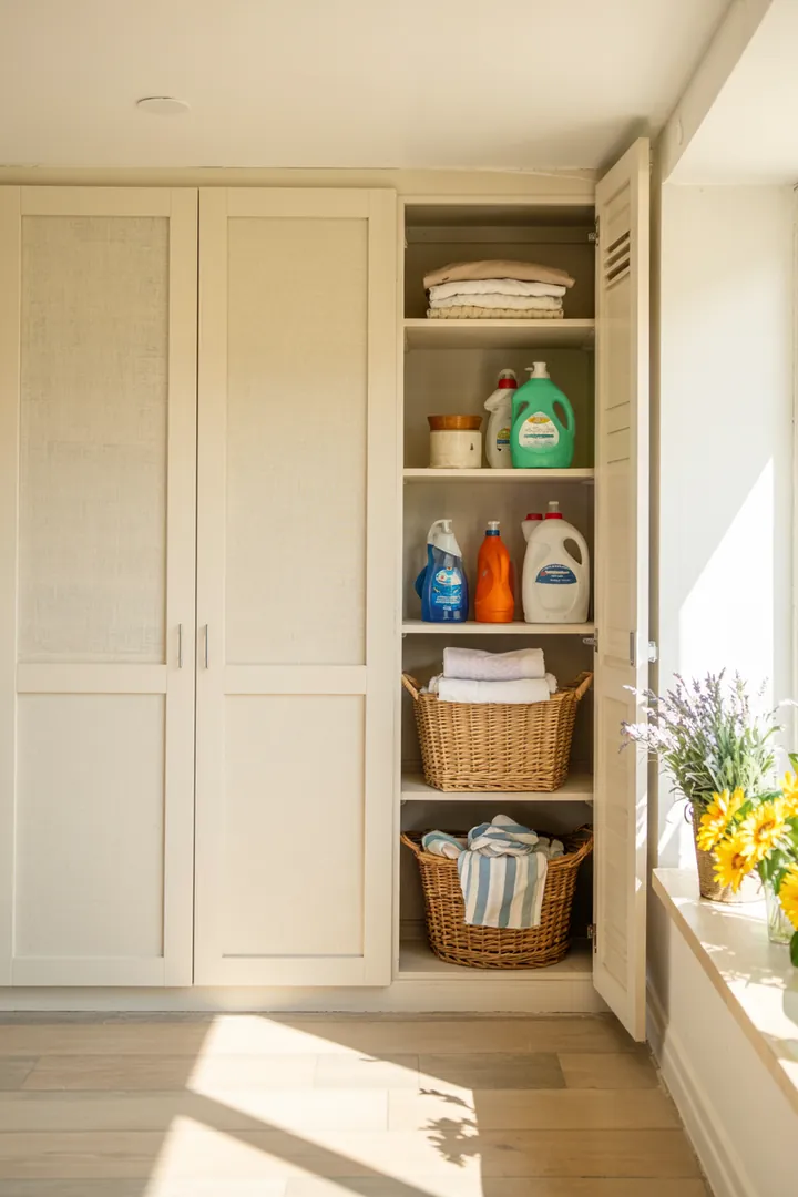 Ein stilvoller Einbauschrank, der geschickt eine Waschmaschine integriert, um Platz zu sparen und das Wohnambiente zu harmonisieren.