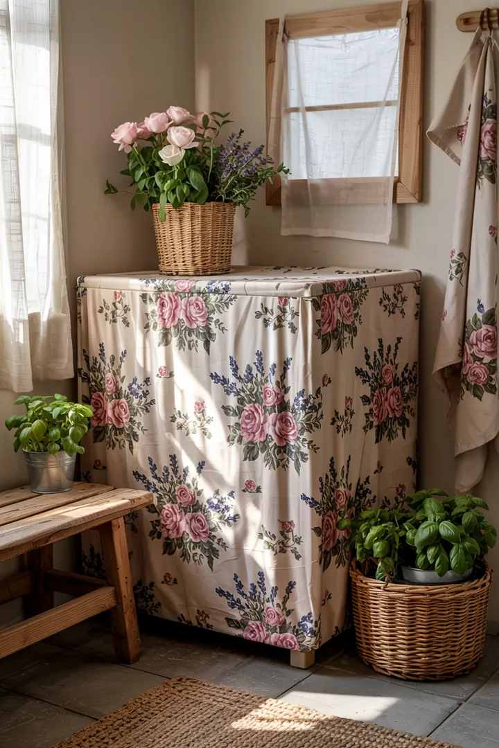 Ein praktischer Raum mit einem cleveren Platz für Haushaltsgeräte, wo eine Waschmaschine unauffällig in einer Abstellkammer integriert ist.