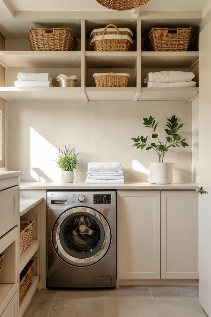 Ein clever gestalteter Raum, in dem ein Haushaltsgerät unauffällig integriert ist, sorgt für Ordnung und Funktionalität in der kleinen Abstellkammer.