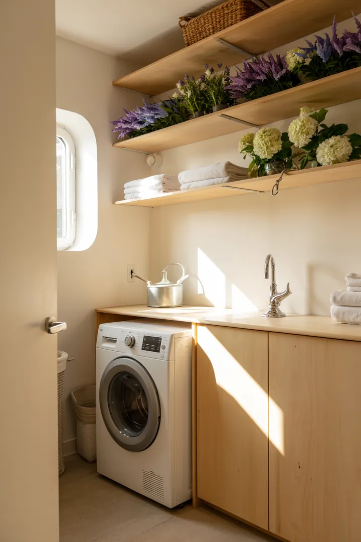 Ein praktischer Raum mit einer eleganten Lösung, um ein Gerät unsichtbar zu machen und den Platz optimal zu nutzen.