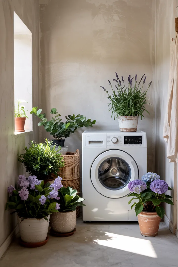 Eine kompakte Haushaltslösung zeigt eine smarte Möglichkeit, eine Waschmaschine platzsparend in einem Abstellraum zu integrieren, um Ordnung zu schaffen.