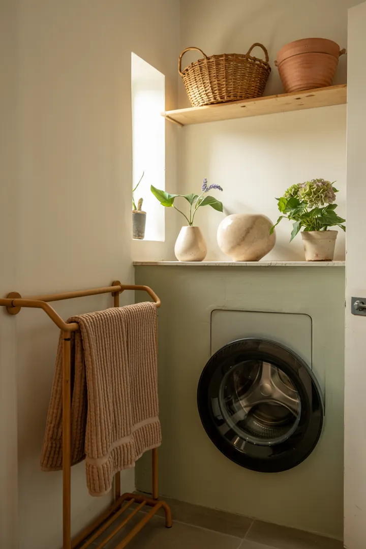 Ein praktischer Raum mit cleverem Stauraum, in dem eine moderne Waschmaschine unauffällig integriert ist, sorgt für Ordnung und Funktionalität.