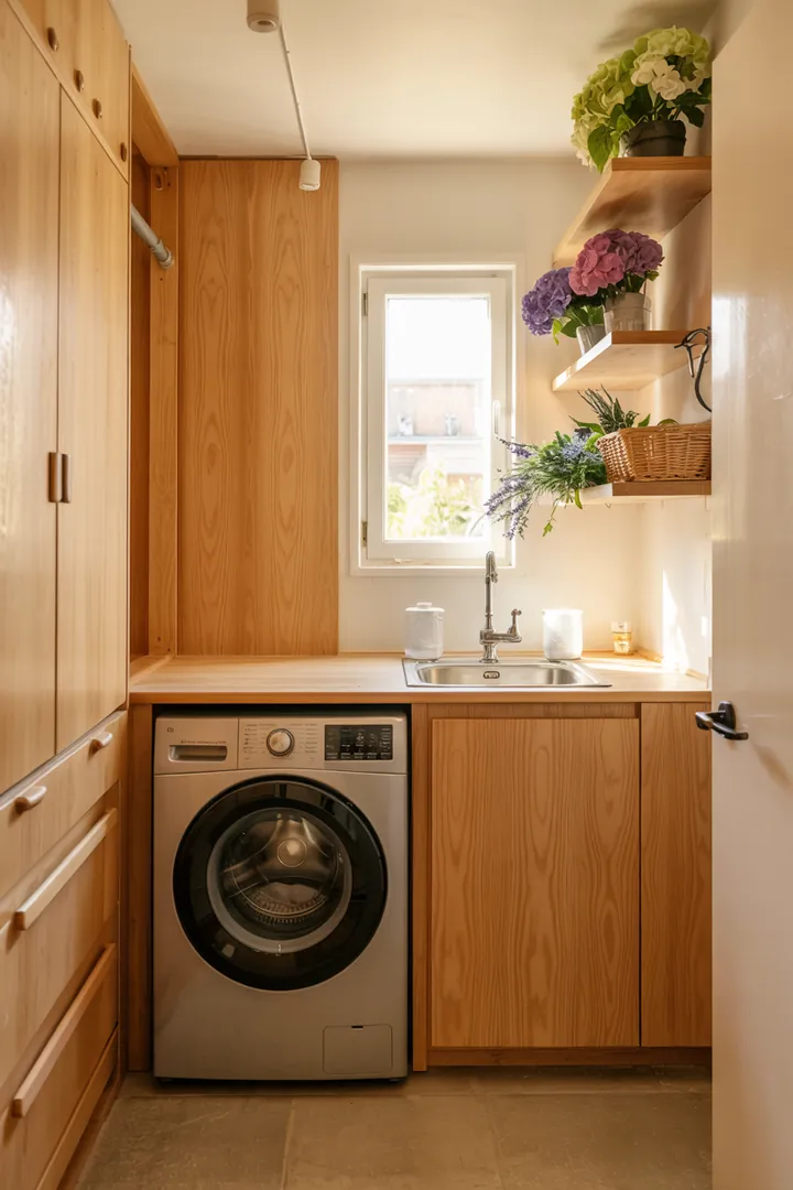 Ein funktionales Gerät in einem schlichten Raum, geschickt in einem kleinen Stauraum untergebracht, um den Wohnbereich aufgeräumt zu halten.