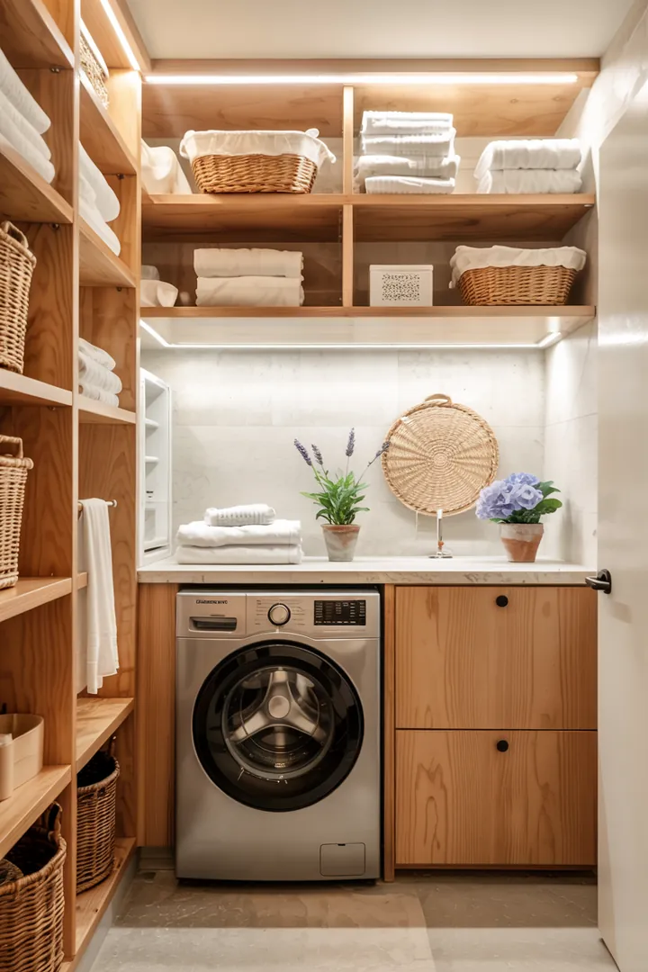 Ein praktischer Raum mit einer clever versteckten Waschmaschine in einer Abstellkammer, die den Platz optimal nutzt und für Ordnung sorgt.